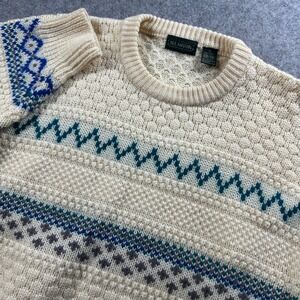Neil Martin Wool Fair Isle Sweater Mens XL Cream Blue Nordic Chunky Knit Vintage